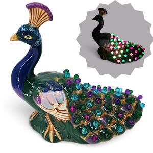 Vintage Ceramic Peacock Table Lamp Colorful Beads MCM Hollywood Regency Holiday